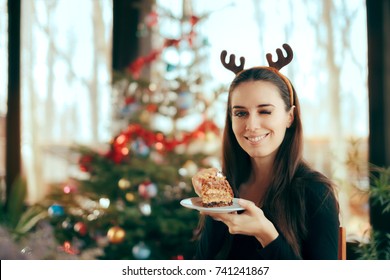 Happy Woman Eating Cake At Christmas Dinner Party - Smiling Girl Eating Dessert At Xmas Festivity
