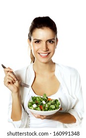 Happy Woman Eating Healthy Vegetable Salad