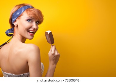 Happy Woman Eating Ice Cream