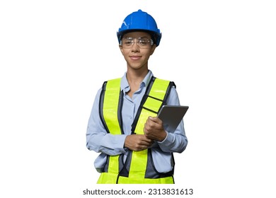 Happy woman engineer worker working with digital tablet on white background. Female technician wear safety helmet, glasses and uniform checking and working on white background - Powered by Shutterstock