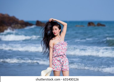 Happy Woman Enjoying And Relaxing Beautiful Sunshine On The Beach Lifestyle Net Idol Of Laos And Thailand 