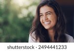 Happy, woman and face in nature for thinking, positive mindset and carefree with mockup space. Female person, smile and inspiration in natural environment for wellness, peace and relaxing in Portugal