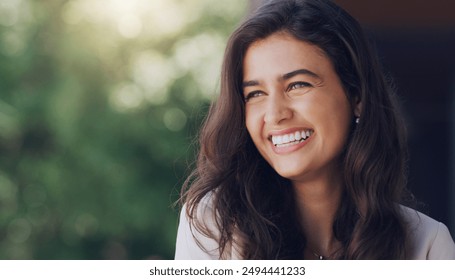 Happy, woman and face in nature for thinking, positive mindset and carefree with mockup space. Female person, smile and inspiration in natural environment for wellness, peace and relaxing in Portugal