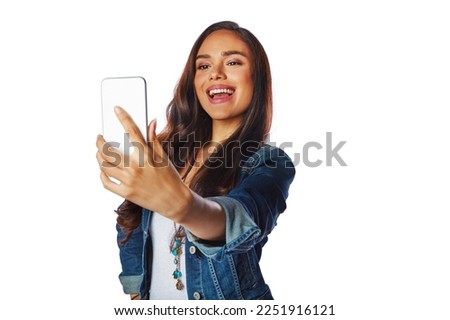 Happy woman, fashion and phone selfie on isolated white background for social media, profile picture or video call. Model, influencer and mobile photography technology in blogging on mockup backdrop
