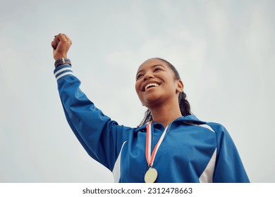 Happy woman, fist and celebration of winning athlete, success or victory for sports achievement on mockup. Female person or winner with smile in joy for win, award or sport medal on mock up space - Powered by Shutterstock