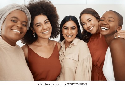 Happy woman, friends and portrait smile for selfie, profile picture or social media business at the office. Excited or friendly group of women face smiling for photo, vlog or online post at workplace - Powered by Shutterstock