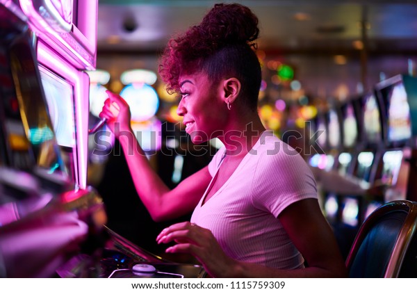 Smiling Woman Playing Slot Machines Editorial Stock Photo 