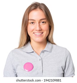 Happy Woman In Gray Polo Shirt With Pink Pin Button