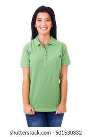 Happy Woman In Green Polo Shirt On A White Background