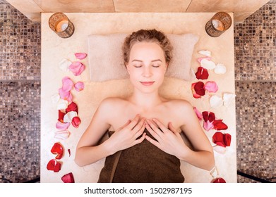 Happy Woman In Hammam Or Turkish Bath In Relax