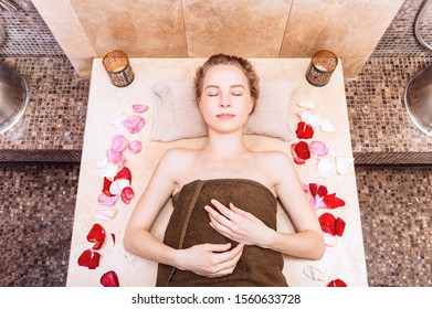 Happy Woman In Hammam Or Turkish Bath In Relax.