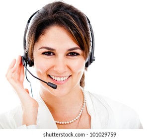 Happy Woman With Headset And Smiling - Isolated Over A White Backgorund