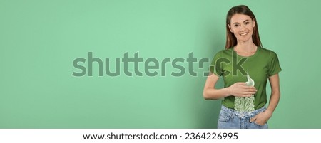 Happy woman with healthy digestive system on turquoise background, banner design with space for text. Illustration of gastrointestinal tract