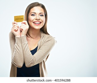 Happy Woman Hold Credit Card. White Background Isolated.