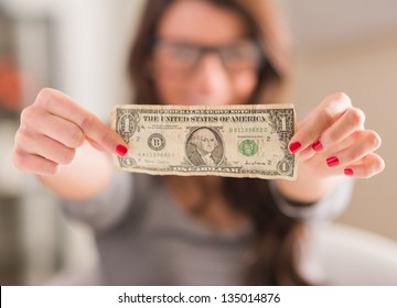 Happy Woman Holding American Dollar Currency, Indoors