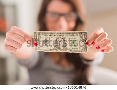 Happy Woman Holding American Dollar Currency, Indoors