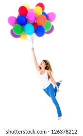 Happy woman holding balloons - isolated over a white background