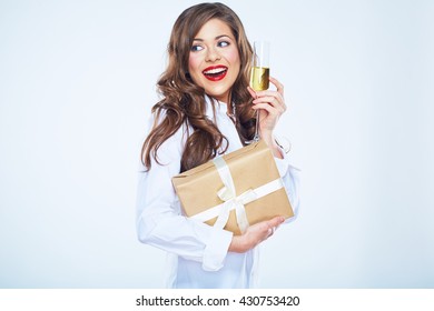 Happy Woman Holding Gift Box. Champagne Drink. Vine Glass.