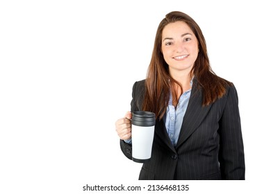 Happy Woman Holding A Portable Thermo Mug. Isolated On White Background. 40-45 Years Old Business Woman.