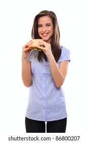 Happy Woman Holding A Sandwich