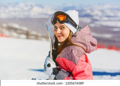 Happy Woman Holding Snowboard ,snowboarder, Winter Sport