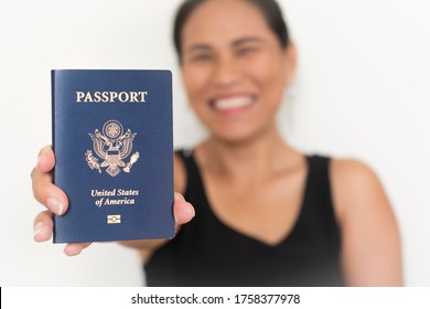 Happy Woman Holding A Us Passport. American Citizenship.