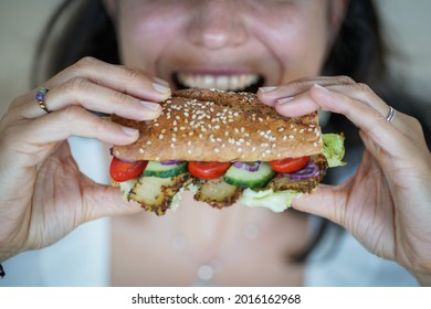 Happy Woman Holding Vegan Cheese Substitute Whole Grain Sandwich Bread Slice Decorated With Vegetables Before Eating A Healthy Breakfast Or Snack