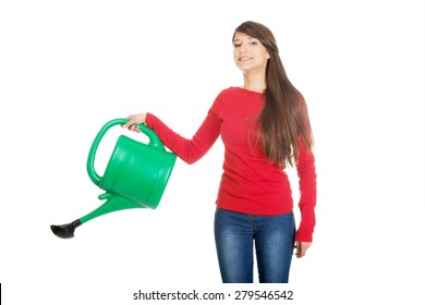 Happy Woman Holding A Watering Can.