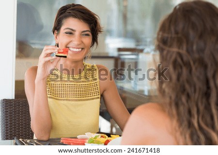 Similar – Foto Bild schöne Frau isst Wassermelone drinnen