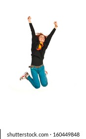 Happy woman jumping isolated on white background