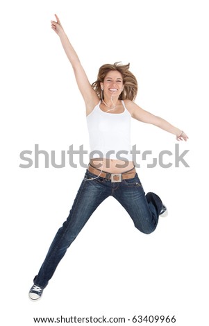 Happy businesswoman in white pant suit, jumping and dancing in the street  Stock Photo - Alamy