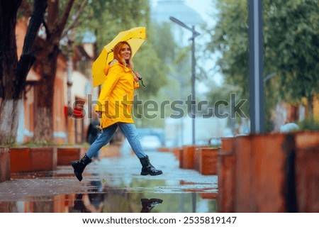 Similar – Image, Stock Photo Happy woman jumping on street