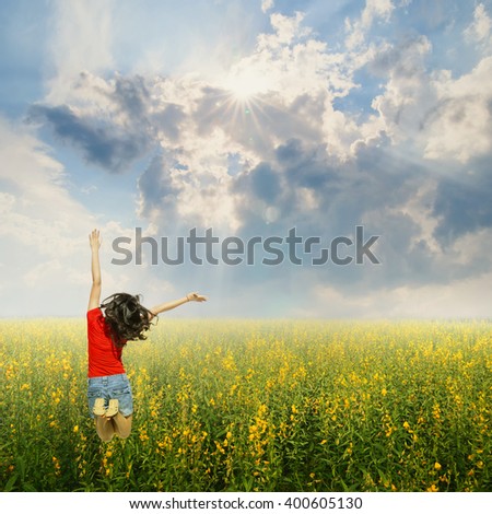 Similar – Image, Stock Photo girl walking in a field with yellow flowers sunny day