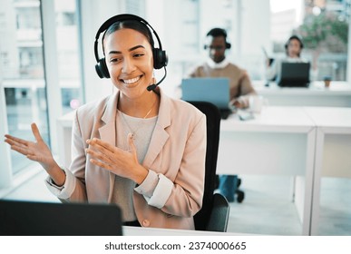 Happy woman, laptop and call center with headphones consulting in customer service or telemarketing at office. Female person, consultant or agent smile for online advice or contact us at workplace - Powered by Shutterstock