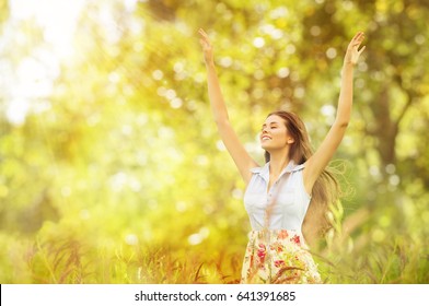 Happy Woman Life Style, Smiling Girl Raised Open Arms, Active Outdoor Relax In Nature