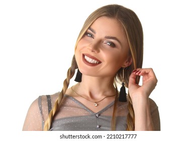 Happy Woman With Long Pigtail And Beautiful Makeup