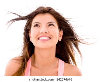 Happy Woman Looking Up In The Wind - Isolated Over White