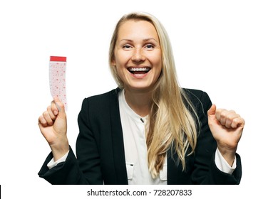 Happy Woman With Lucky Lottery Ticket In Hand Isolated On White Background