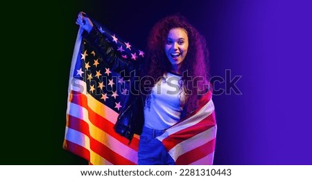 Happy woman with national USA flag. American patriot, 4th of July. Stylish lady