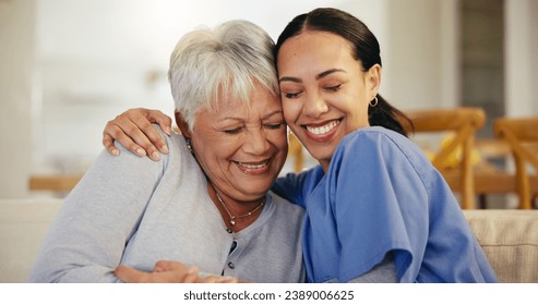 Happy woman, nurse and hug in elderly care for support, trust or love on living room sofa at old age home. Face of female person, doctor or medical caregiver hugging senior patient in relax at house - Powered by Shutterstock