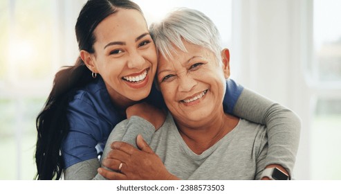 Happy woman, nurse and hug senior patient in elderly care, support or trust at old age home. Portrait of mature female person, doctor or medical caregiver hugging with smile for embrace at house - Powered by Shutterstock