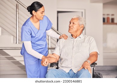 Happy woman, nurse and talking to patient in wheelchair for support, medical service and physical therapy in retirement home. Caregiver helping elderly person with disability, healthcare and nursing - Powered by Shutterstock