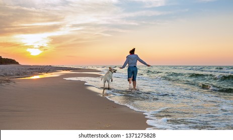 Happy woman on the beach with a dog