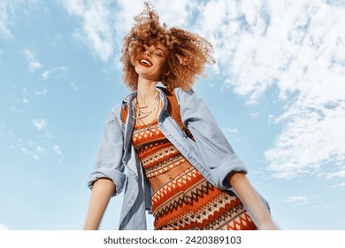 Happy Woman on Beach, Smiling with Open Mouth, Enjoying Freedom and Nature: Portrait of Young Model with Curly Hair in Wide Angle Lens Close-up