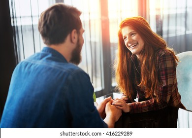 Happy Woman On A First Date With Handsome Man Showing Emotions