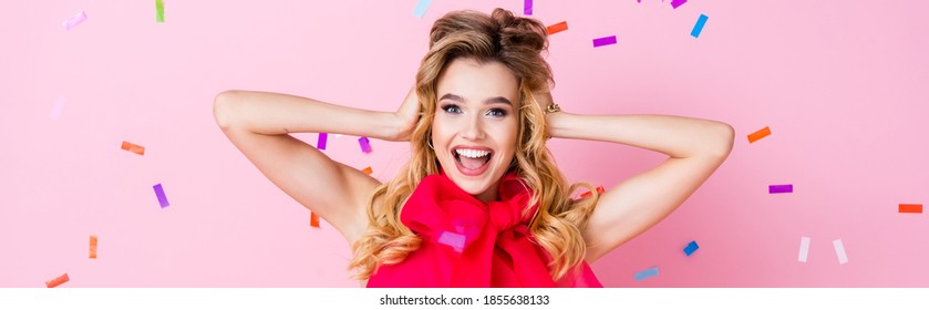 happy woman on pink background with falling confetti , banner - Powered by Shutterstock