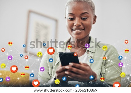 Happy woman on sofa with phone, emoji and social media post, meme or networking in home. Technology, connection and girl on couch with smartphone, digital chat with like or love icon on viral content