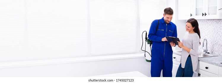 Happy Woman And Pest Control Exterminator And Maintenance Worker - Shutterstock ID 1745027123