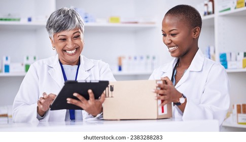 Happy woman, pharmacist and team with tablet and box in logistics for inventory inspection or stock at pharmacy. Women smile with technology, medical or healthcare supplies and pharmaceuticals - Powered by Shutterstock