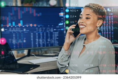 Happy woman, phone call and broker consulting stock market trends, overlay or discussion at office. Female person or financial advisor smile talking on mobile smartphone for finance, profit or loss - Powered by Shutterstock